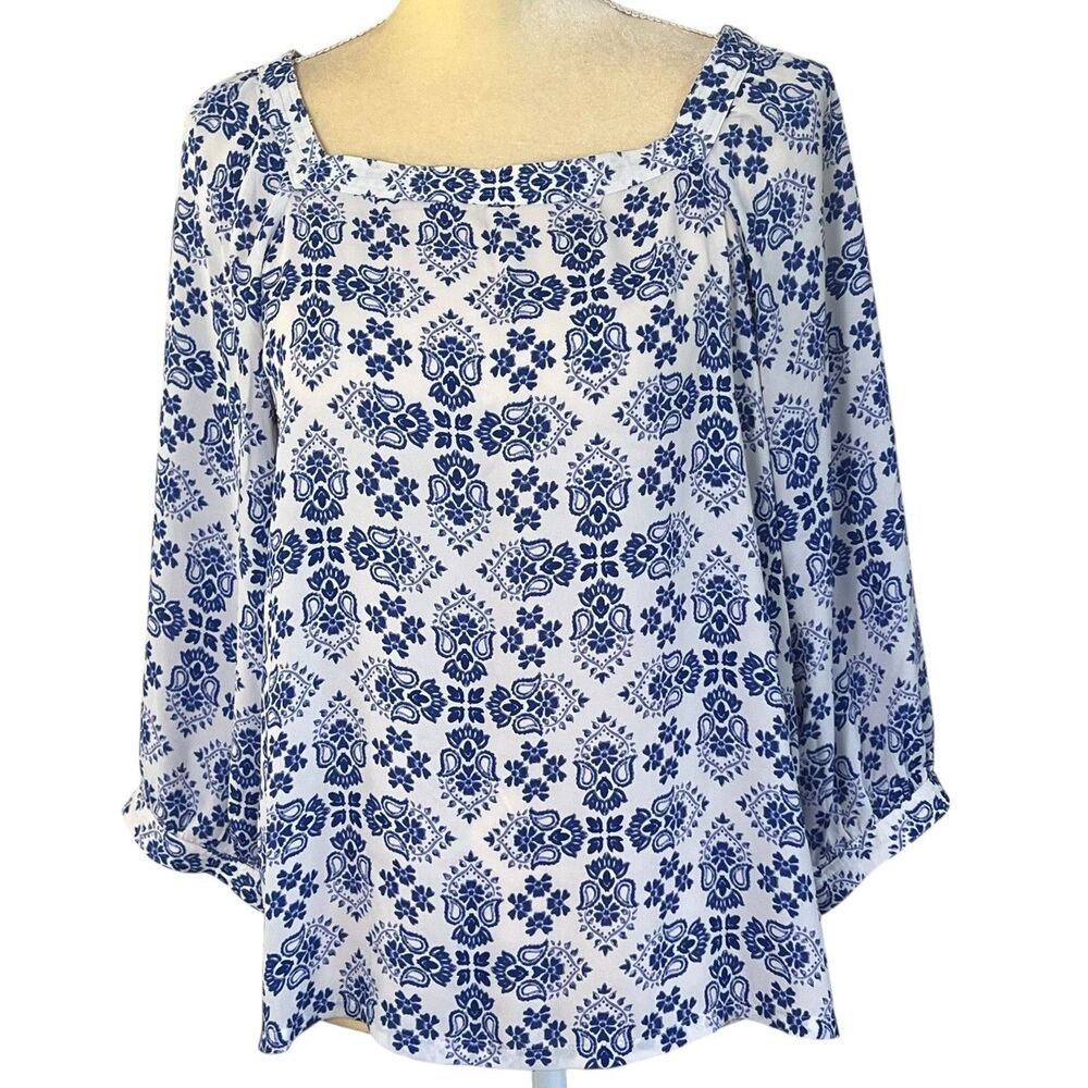 Loft Women’s Blouse Square Neck Small Blue White Floral Semi sheer - Picture 10 of 13